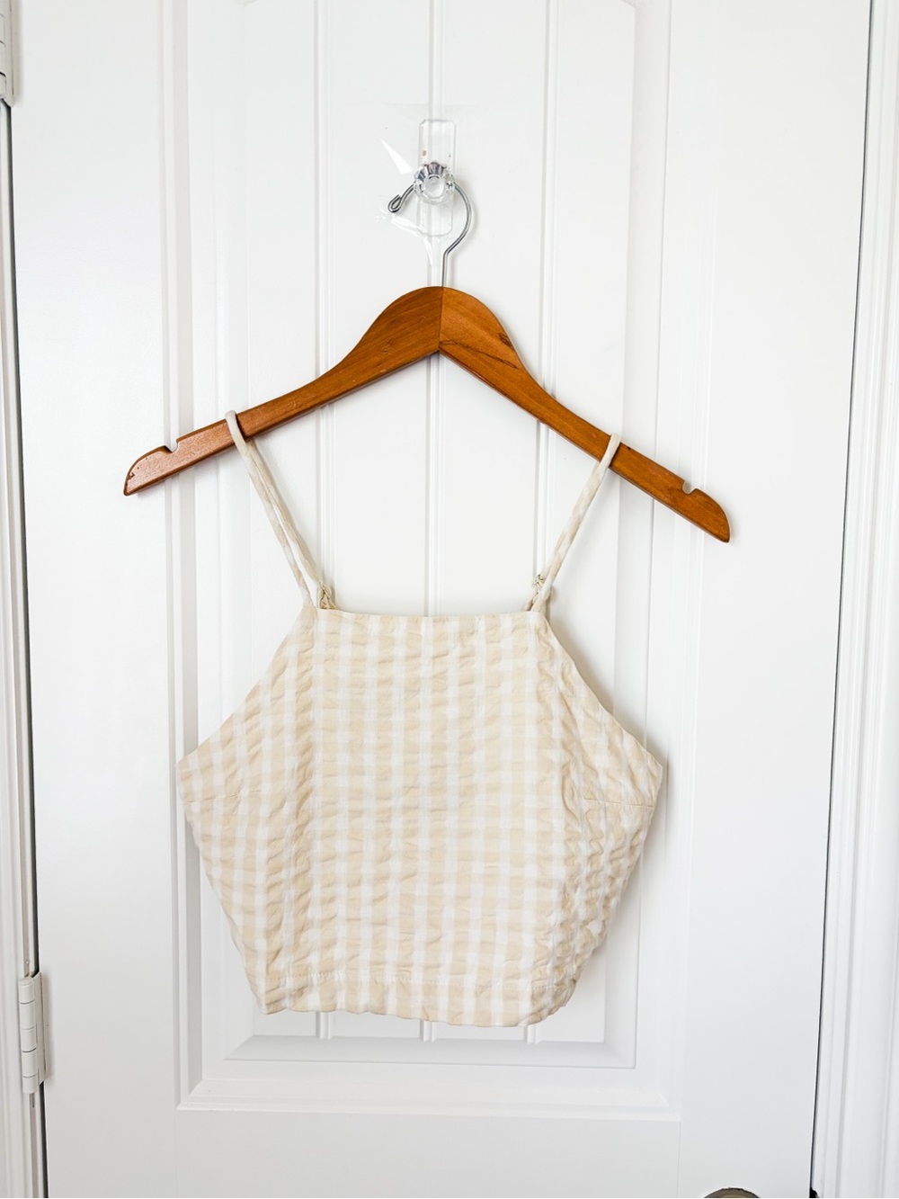 Free People Cream White Gingham Spaghetti Strap Crop Top Size Small